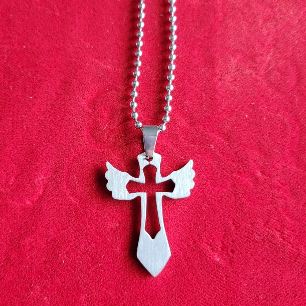 Silver Angel Wing Cross Pendant Necklace